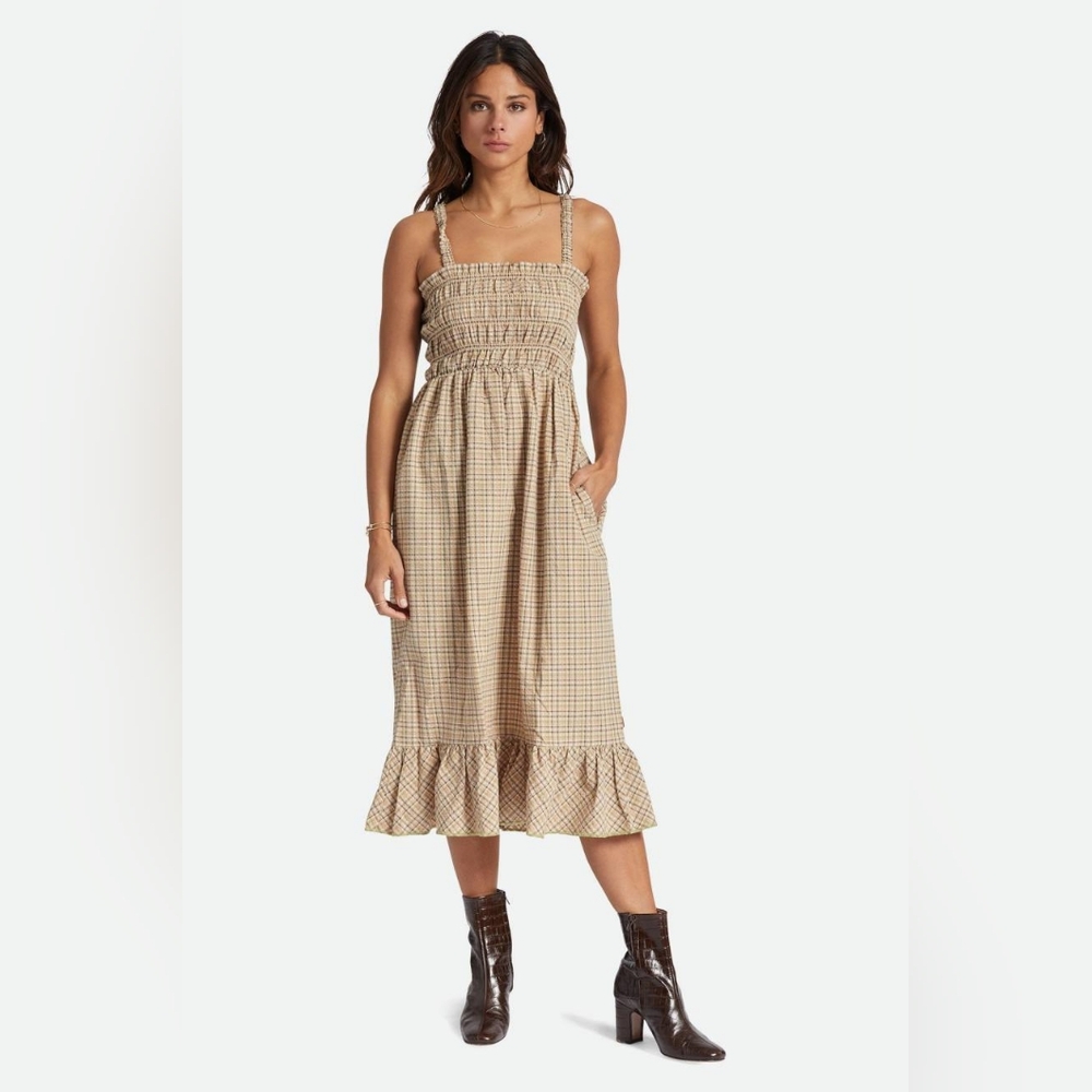 Brixton Women's Malta Seersucker Midi Plaid Print Dress in Sand Size S